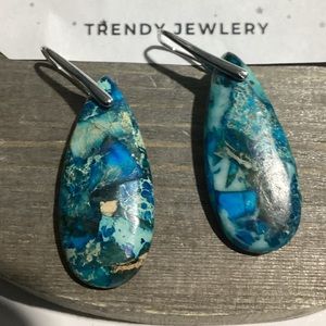 🌼 Blue &Teal  Natural Sea Jasper Stone Drop Earrings with Silver French Hook